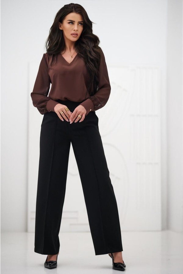 Elegancka bluzka damska z szyfonowym długim rękawem dekolt V mankiety z guzikiem - brąz